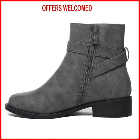 Women's Chunky Low Heel Ankle Boots Round Toe Buckle Leather Booties - Picture 5 of 8